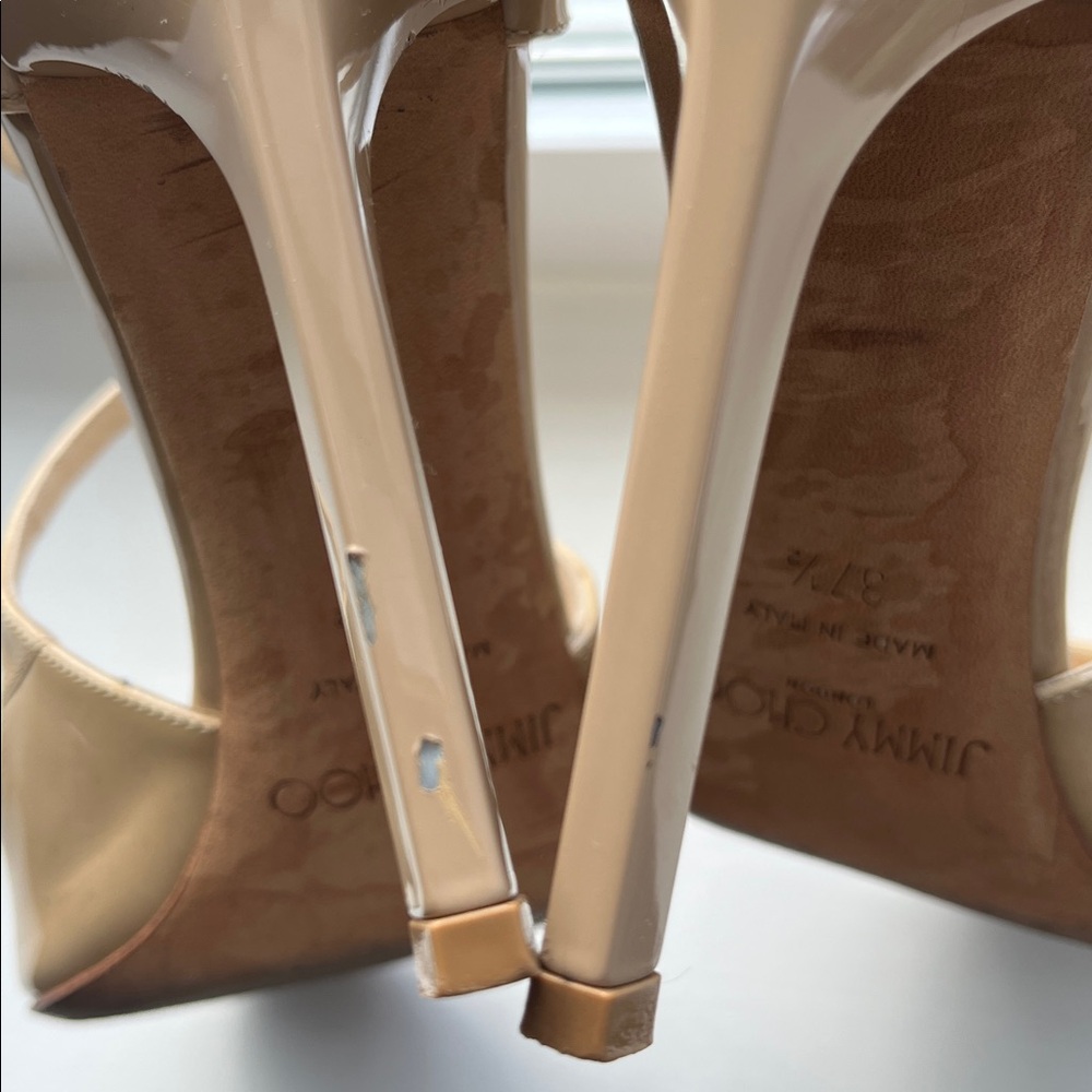 Jimmy Choo Lang Nude Patent Leather Strappy Sandals Heels 37.5 - Picture 12 of 12